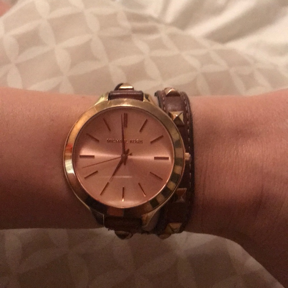 Michael Kors Brown Leather Rose Gold studded watch